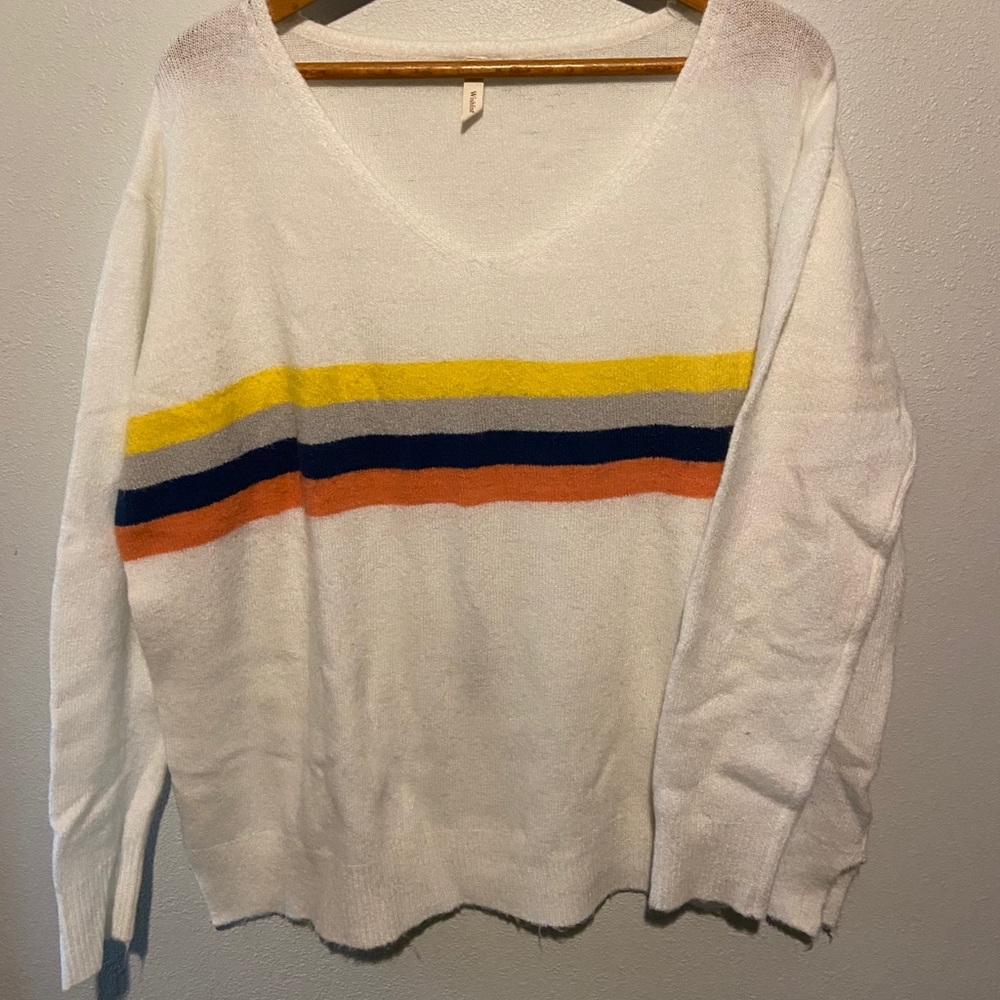 White V Neck sweater with multi colored strip